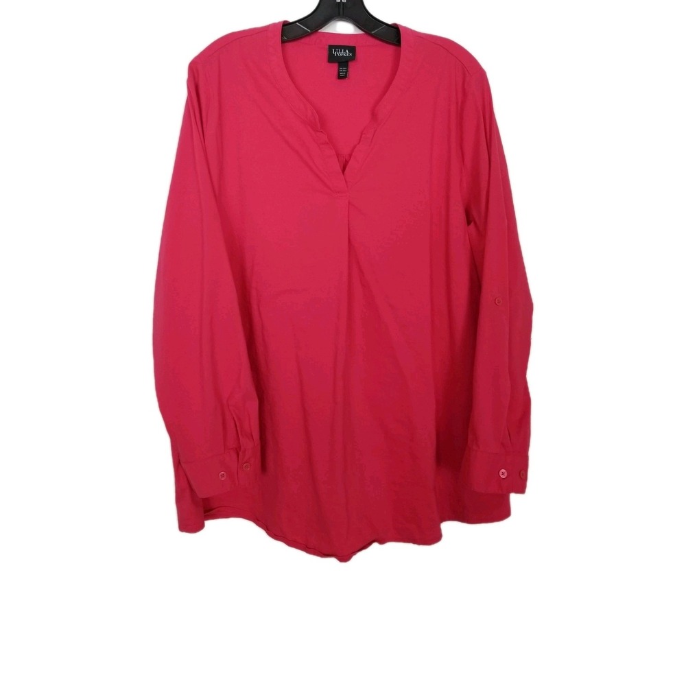 Ulla Popken Women Long Sleeve Blouse Top Sz US 20/22 Bright Pink V Neck